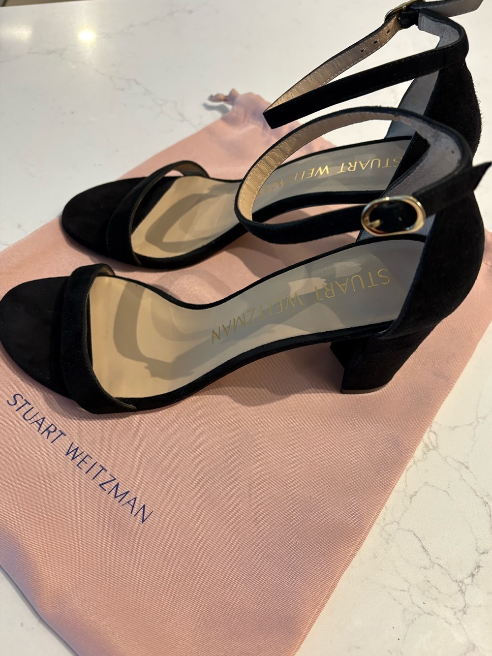 Stuart Weitzman Nudist Block Heel 75 Black Suede Sandals